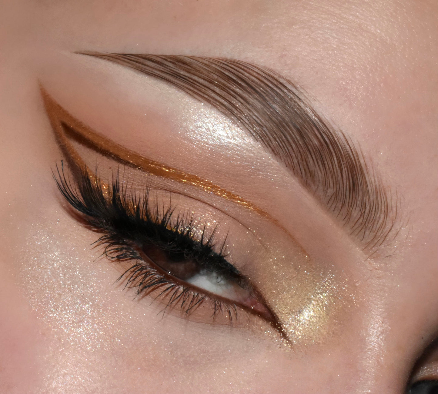 Champagne-gold eye look glows with a sharp cut-crease and metallic graphic liner, shown in a close-up with fluttery lashes and a defined brow, created using ColourPop Feelin’ Bubbly Shadow Palette for a sparkling finish.